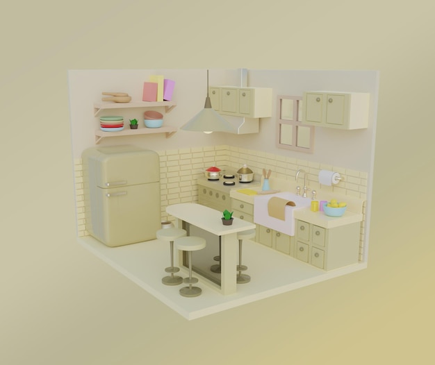 PSD psd 3d rendering or illustration kitchen on a isolate background