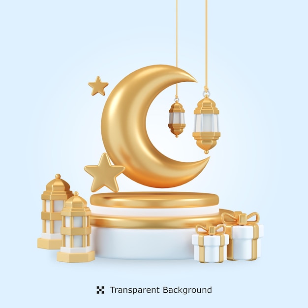 Psd 3d rendering podium for ramadan with crescent 3d icon isolated illustration