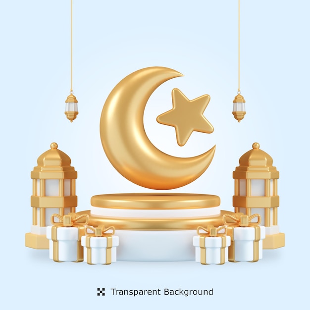 PSD psd 3d rendering podium for ramadan with crescent 3d icon isolated illustration