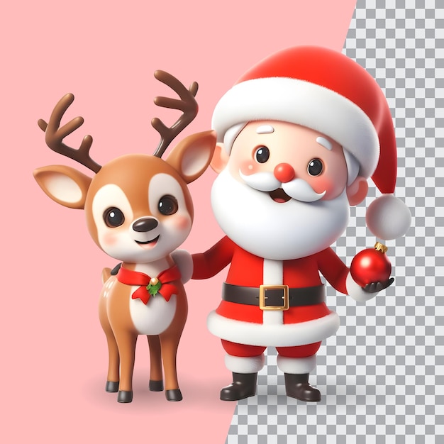 PSD psd 3d rendering di babbo natale in posa in piedi con il suo carino cervo di natale ai