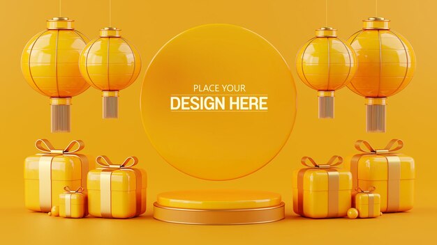 PSD psd 3d rendering scene mockup lanterna per il capodanno cinese colore giallo brillante background gift box