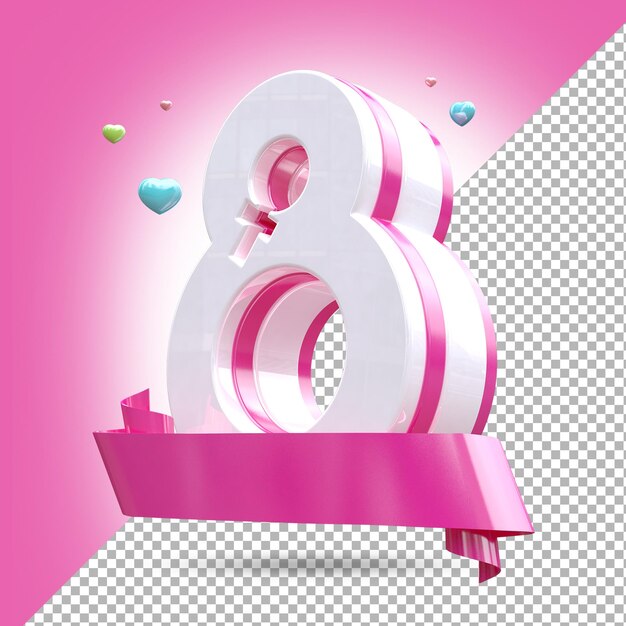 PSD 3d rendering del giorno della donna con numero bianco e rosa