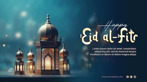 PSD 3D renderowanie szczęśliwego eid alfitr post w mediach społecznościowych z meczetem w tle