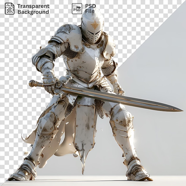 PSD psd 3d rycerz wiosłujący miecz przeciwko szaremu i białemu niebu z białą nogą widoczną na pierwszym planie