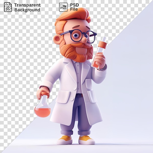 PSD psd 3d scientist cartoon conducting an experiment holding a test tube in his hand wearing black and blue glasses with an orange face and hair and a white button visible in the background