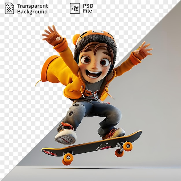 Psd 3d skateboarder cartoon nailing a gravity defying trick on a black skateboard with orange and yellow wheels wearing a black hat and blue jeans with a raised hand