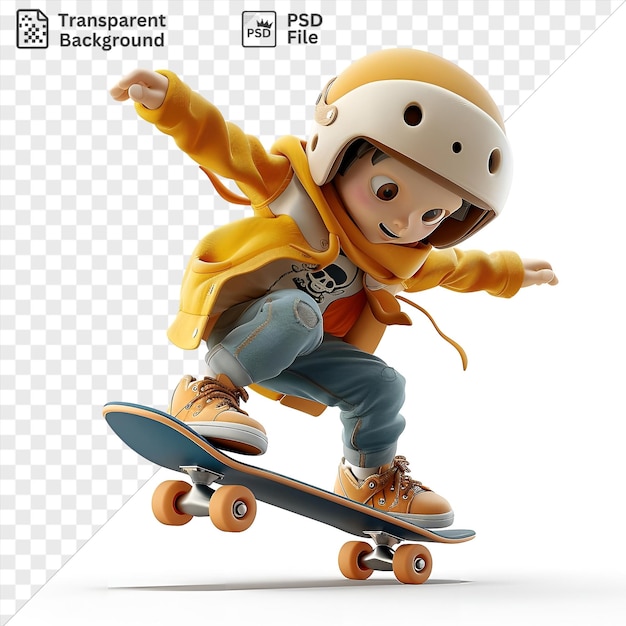 Psd 3d Skateboarder Wykonujący Sztuczki Przeciwstawne Grawitacji Na Czarnej Deskorolce Z Pomarańczowymi Kołami Noszący Biały Hełm I Niebieskie Dżinsy Z Ręką Widoczną Na Pierwszym Planie