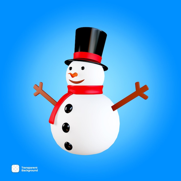 PSD psd 3d snowman with red scarf wearing a black hat and wooden hands