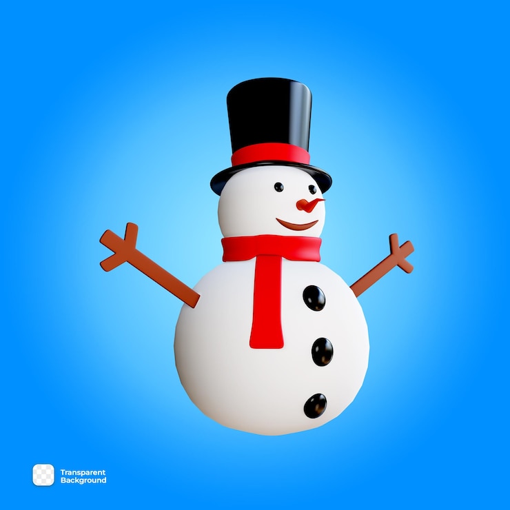 PSD psd 3d snowman with red scarf wearing a black hat and wooden hands