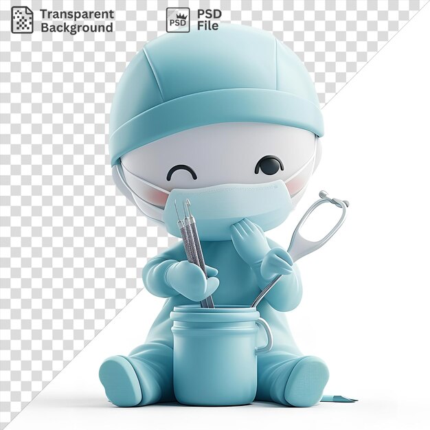 PSD psd 3d surgeon cartoon performing a delicate medical procedure with a stethoscope while holding a blue toy and wearing a blue helmet with a black eye visible in the background