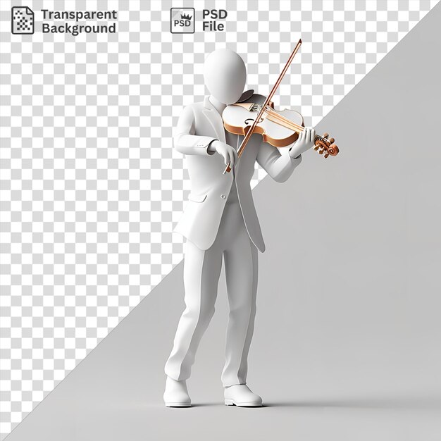 PSD psd 3d violinist playing a solo violin accompanied by a white toy with a long white leg and arm visible in the foreground and a white hand and leg in the background