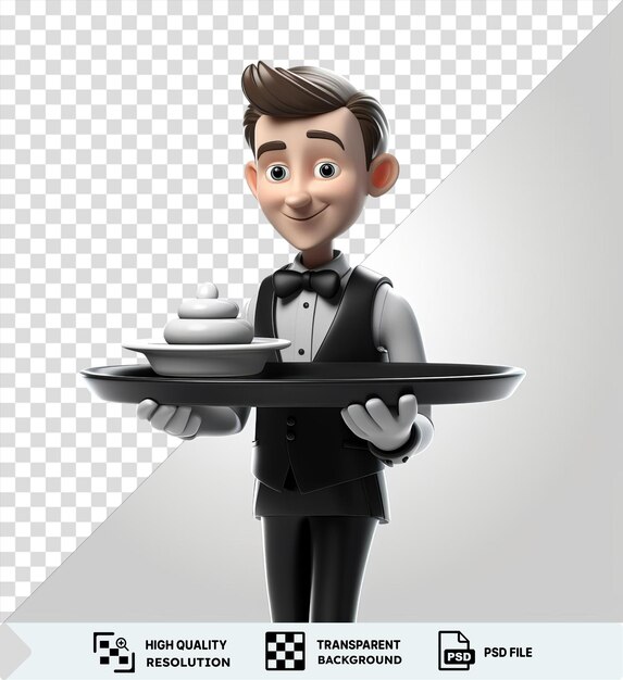 PSD psd 3d waiter serving food with a tray and toy wearing a black suit and bow tie with brown hair and blue eyes and a white hand holding the tray