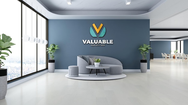 PSD mockup del logo a parete psd 3d nella sala d'attesa dell'atrio dell'ufficio