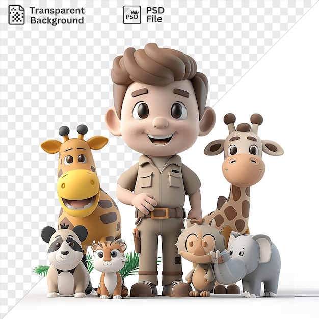 PSD psd 3d zookeeper cartoon caring for exotic animals including a gray elephant yellow giraffe and brown giraffe while wearing a gray tie and with a hand visible in