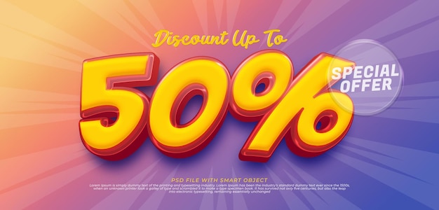 PSD 50 percent special offer with bold editable 3d style effect