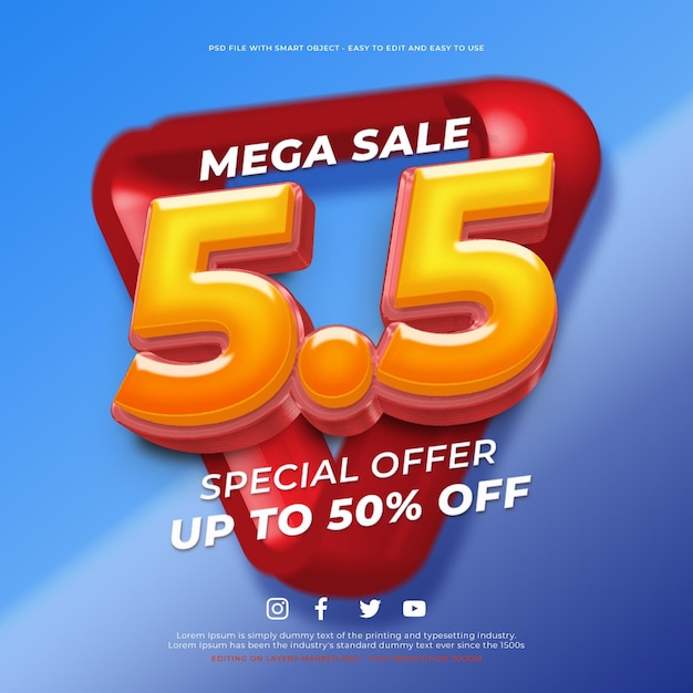 PSD psd 55 mega sale square banner for social media promotion