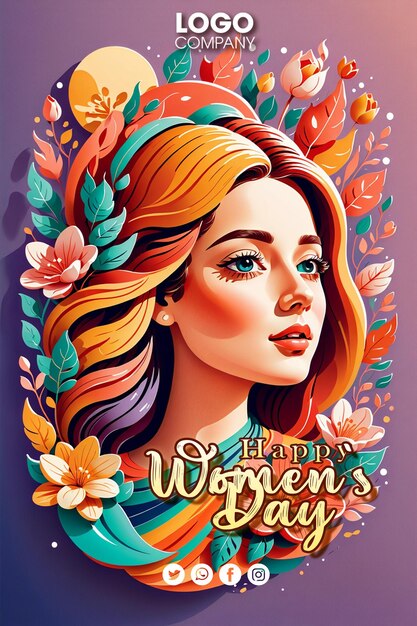 PSD psd 8 maart internationale vrouwendag illustratie van een vrouw met lang haar die bloemen draagt