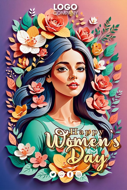PSD psd 8 maart internationale vrouwendag illustratie van een vrouw met lang haar die bloemen draagt