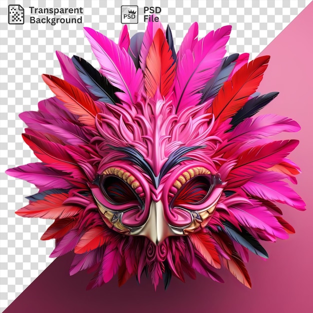 PSD Цветная птица с перьями и маской на голове с розовым перьем красным и розовым перьем и розовым цветом с черным глазом в