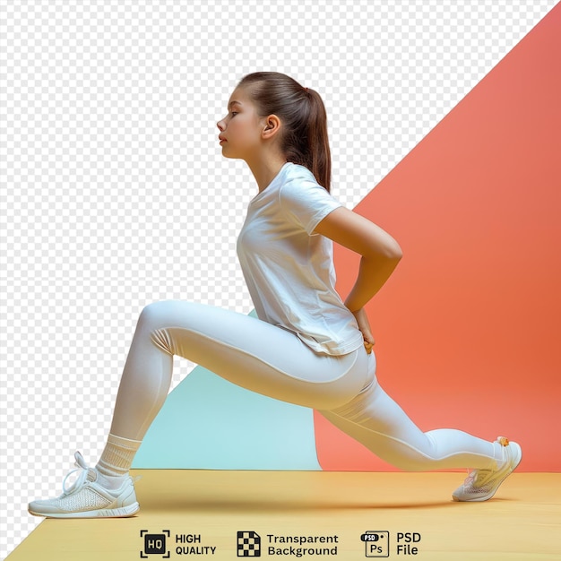 PSD psd a girl in a white tshirt doing lunges and looking concentrated png