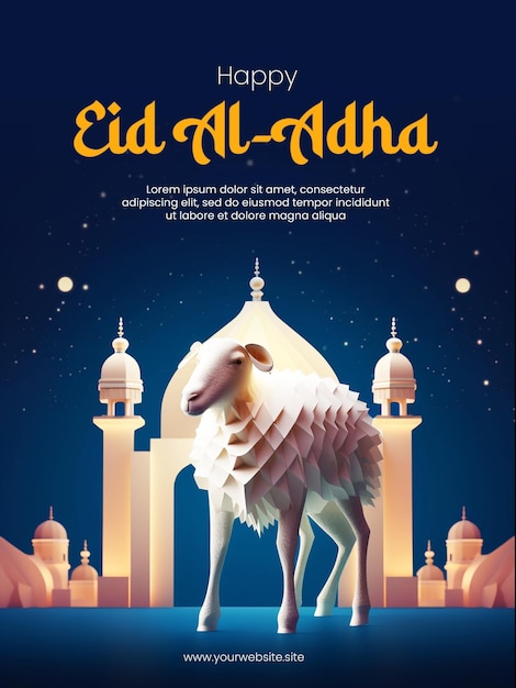 Psd 모스크와 염소 또는 양 진한 파란색 배경이 있는 행복한 Eid Aladha 또는 Idul Adha 포스터