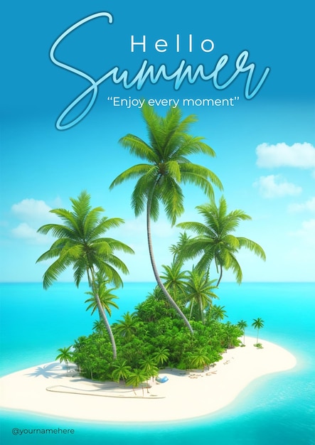 Psd ヤシの木とビーチシーンのこんにちは夏のポスター
