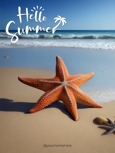 PSD psd морская звезда на пляже со словами пляжное лето на дне