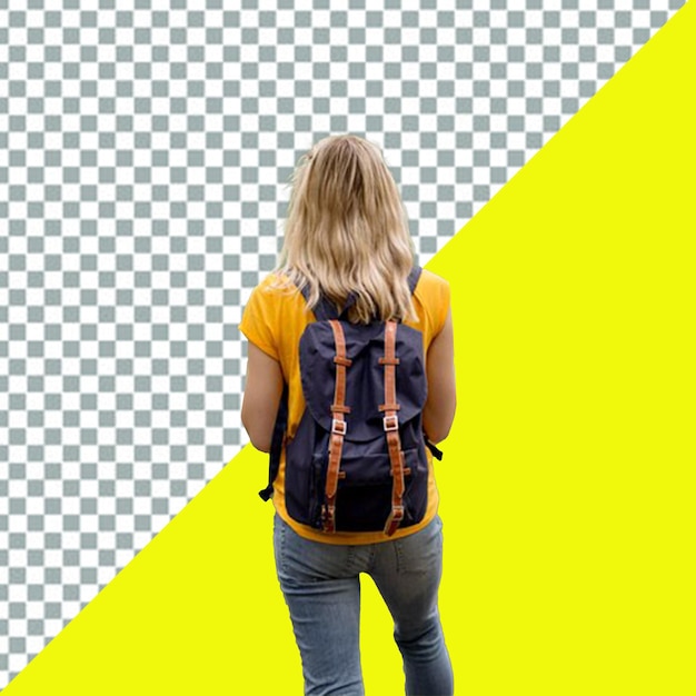 psd a woman with a backpack walks in front of a yellow background