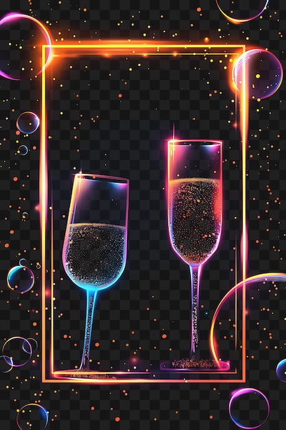 Psd abstract shapes light neon frame met champagne glasses en outline collage art transparent
