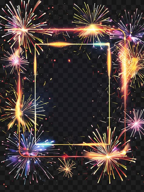 Psd abstract shapes light neon frame with fireworks and sparkler outline collage art transparent