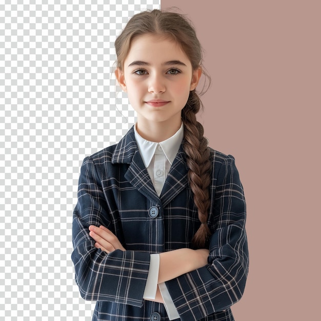 PSD psd adorable school child girl standing with crossed hands on isolated transparent background