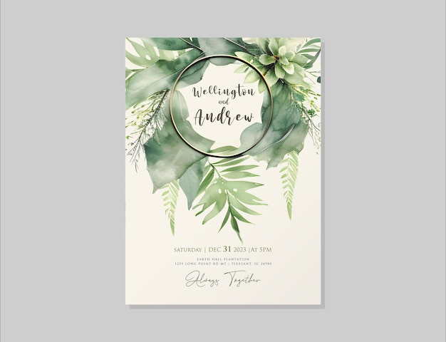 Psd afdrukbare groen bloemen bruiloft uitnodiging sjabloon