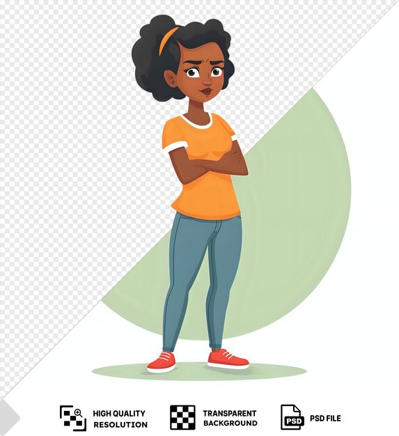 PSD psd african american woman standing with doubt expression wearing an orange shirt and blue pants with black hair and a white necklace and a blue leg visible in the foreground