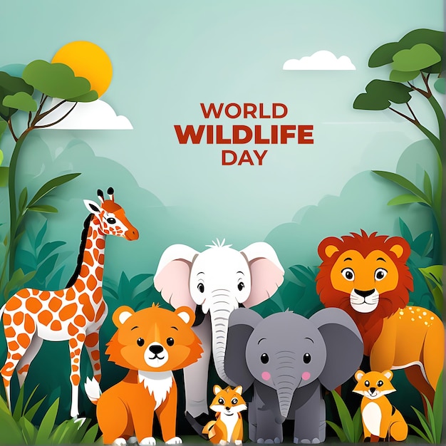 Psd animals with copy space background world wildlife day paper cute