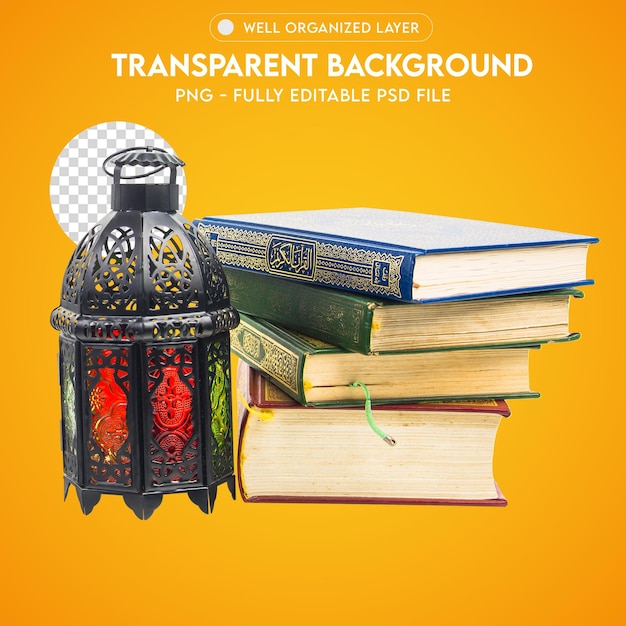 PSD psd arabian lantern with burning candle and books transparent png