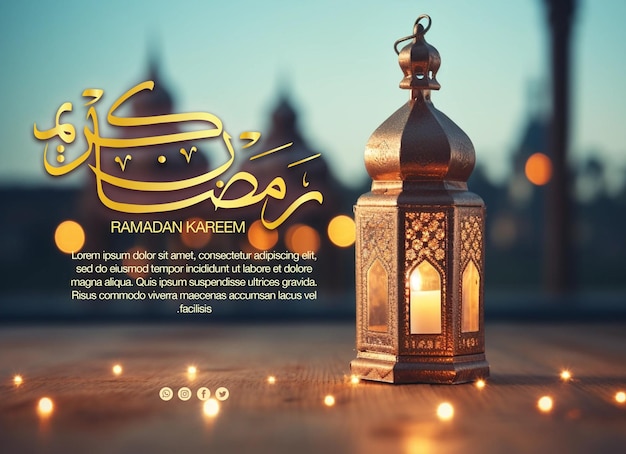 Psd арабская типография рамадан карим с исламским рамаданским фонарем на заднем плане.