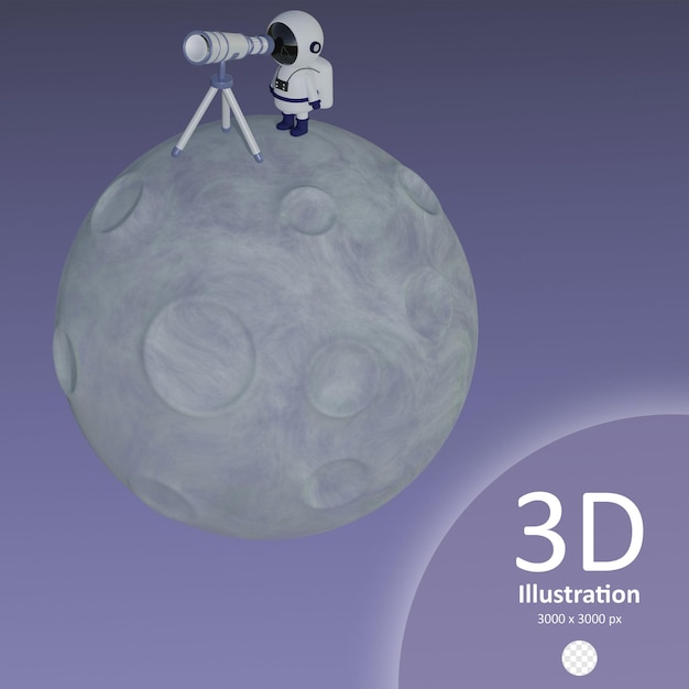 PSD-astronaut met een telescoop op het maanpictogram geïsoleerde 3d render illustratie