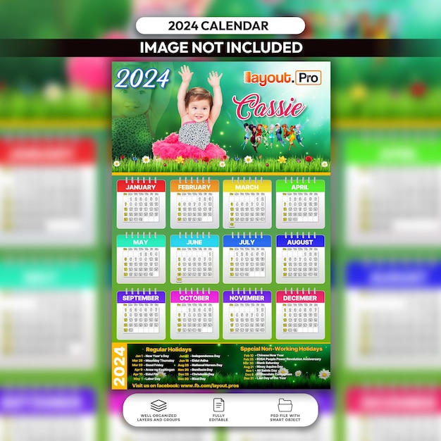 Modello di layout del calendario 2024 a tema bambino psd