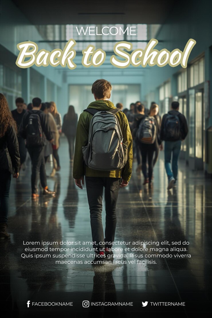 PSD psd back to school vertical poster template with background some students are walking in school