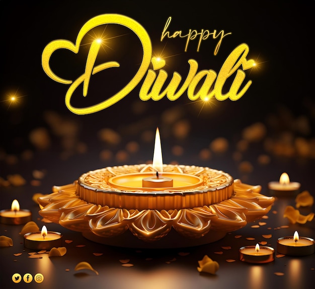 Immagine di banner psd della composizione della lampada ad olio con testo per diwali happy diwali