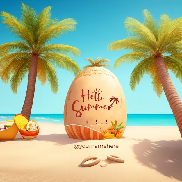 Psd a beach scene with a large egg that says hello summer on it