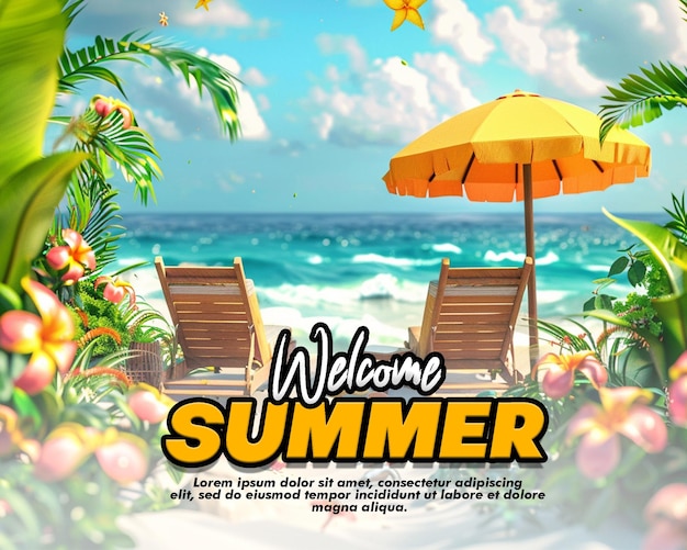 PSD psd a beach scene with palm trees and a beach umbrella for hello summer poster and flyer