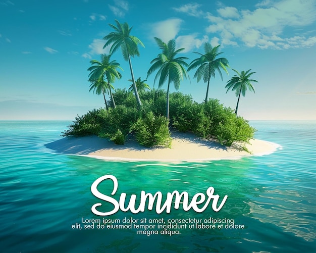 Psd a beach scene with palm trees and a beach umbrella for hello summer poster and flyer