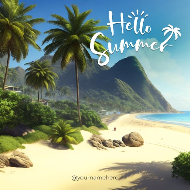 PSD psd a beach scene with palm trees and a beach with the words hello summer