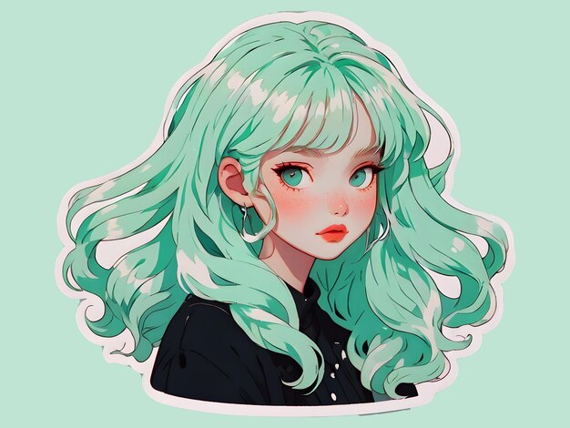 PSD psd beautiful anime girl with mint hair and green eyes sticker with white border