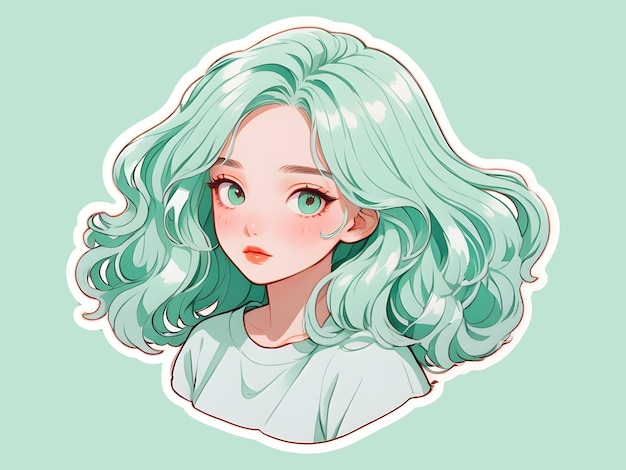 Psd beautiful anime girl with mint hair and green eyes sticker with white border