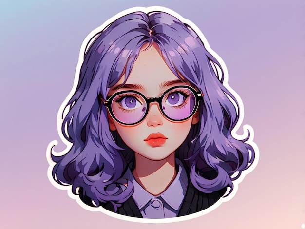 PSD psd beautiful anime girl with purple hair and glasses sticker with white border