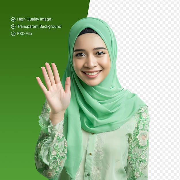 PSD psd beautiful asian muslim woman greeting hand pose smiling isolated background