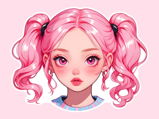 PSD psd bella ragazza anime di cartoni animati con adesivo dai capelli rosa con confine bianco