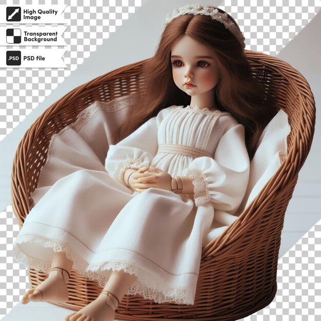 PSD A beautiful doll with long hair on a chair on transparent background with editable mask layer